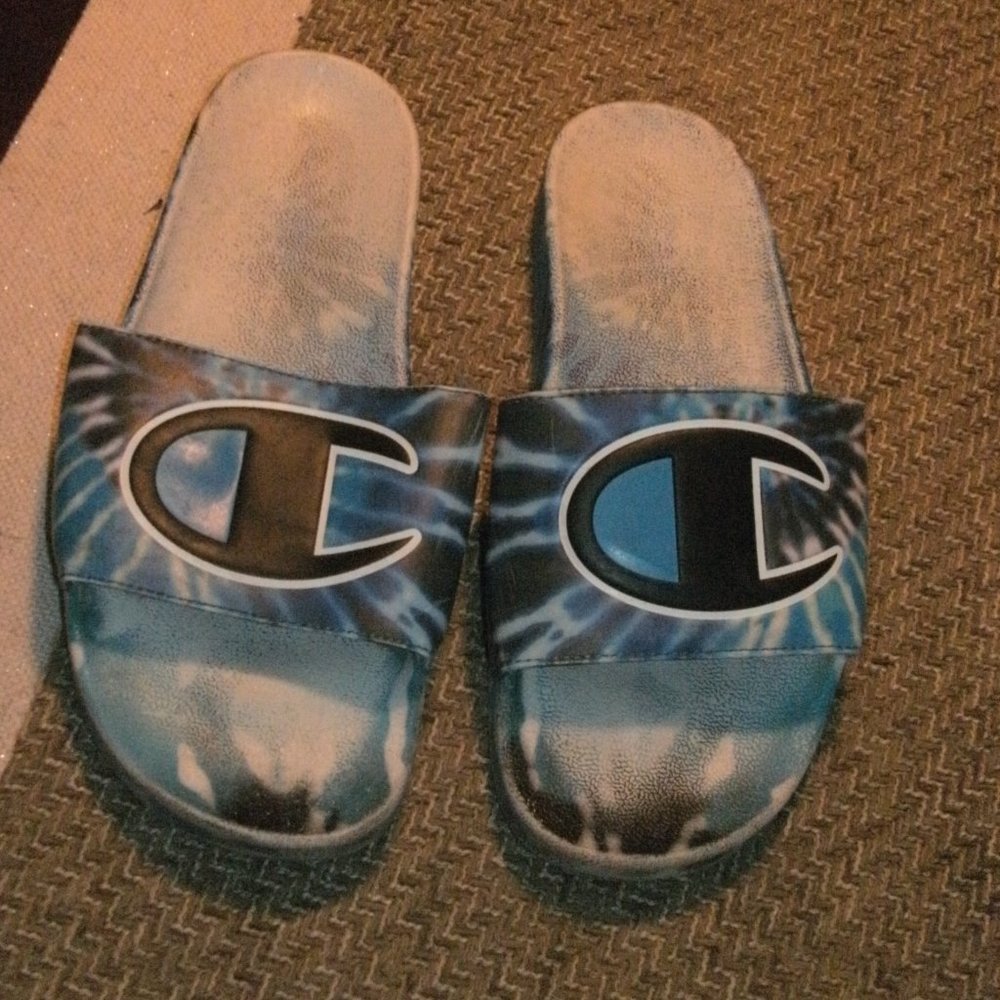 Champion Tie Dye Blue & Black Sandals Slides men size 9